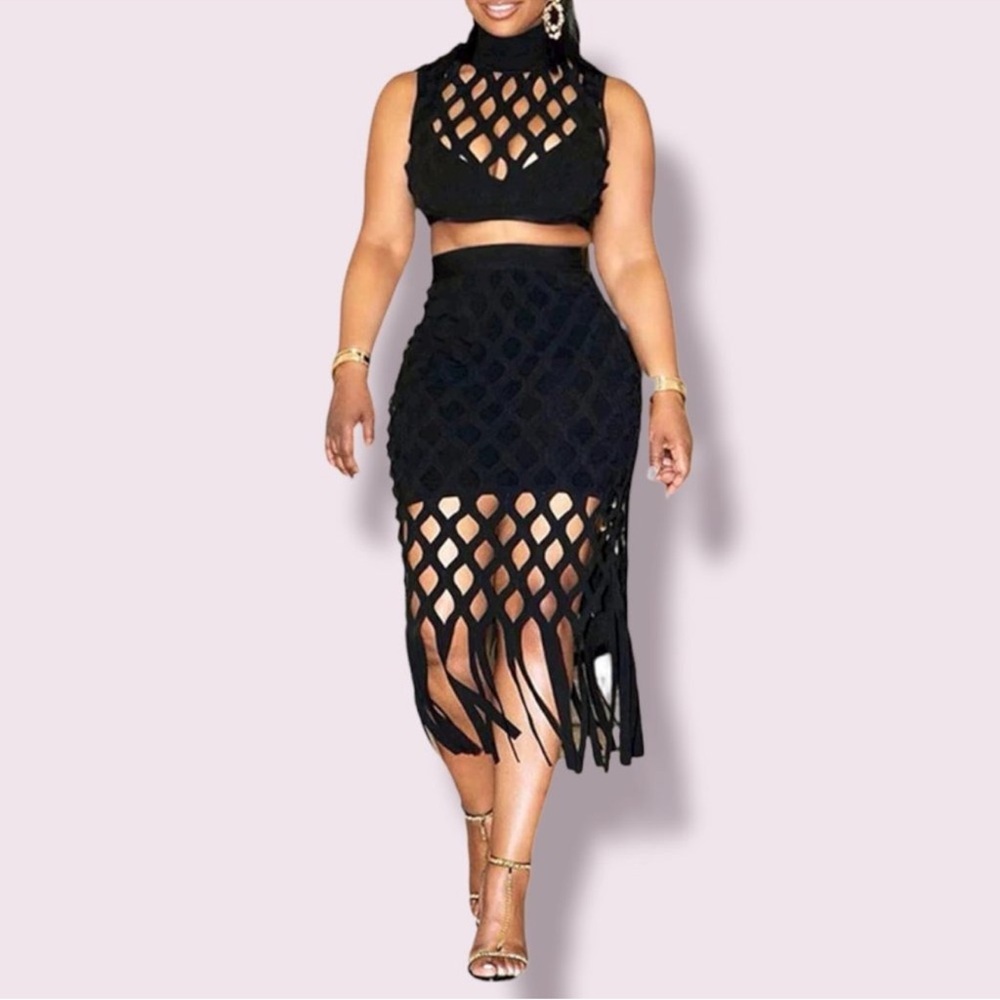 Black Midi Pencil Skirt with Cut Out Design